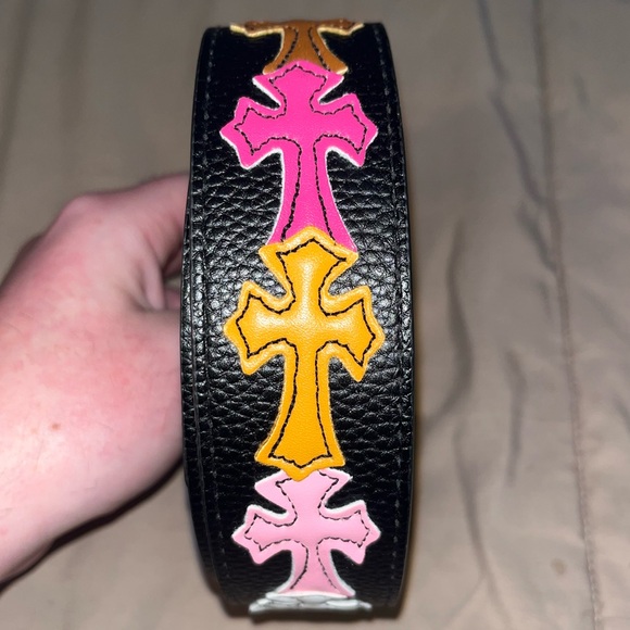 Men’s Chrome Hearts Color Cross Patch Black Belt Silver Gothic Cross Buckle - Picture 3 of 6